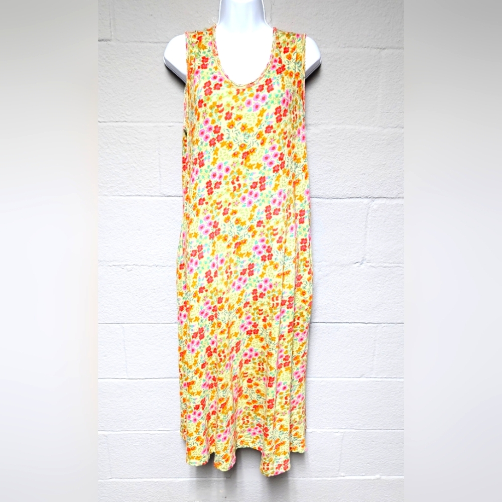 Natural Life Floral Tank Dress Size M Midi Cotton Pockets Raw Edge Side Slits
